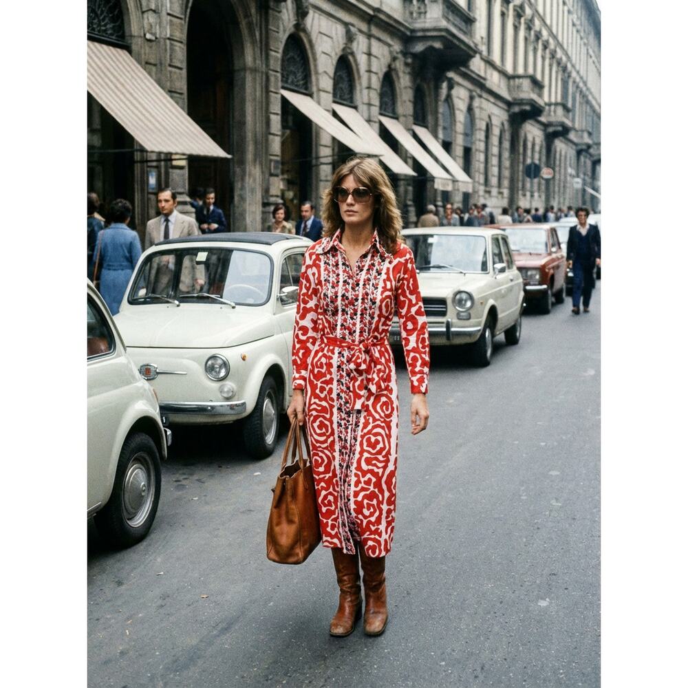 Vintage 60s Lanvin Paris New York Shirt Dress 16 Red Geometric Tie Waist MOD - Picture 13 of 16